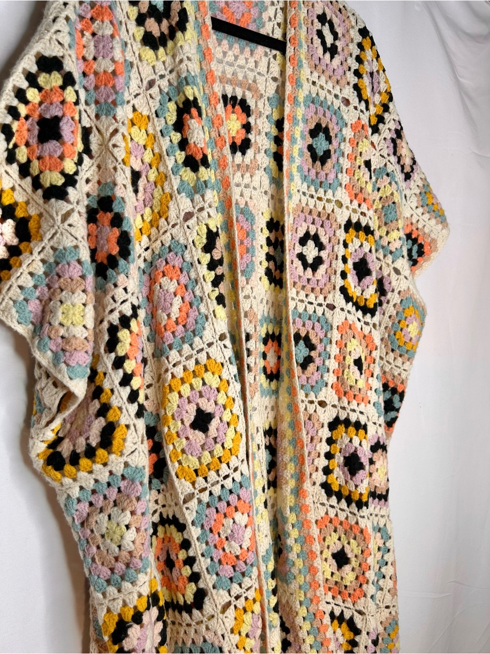 Bohemian Festival Gypsy Crochet Granny Square Poncho Cardigan in Cream/Multi - Picture 2 of 5